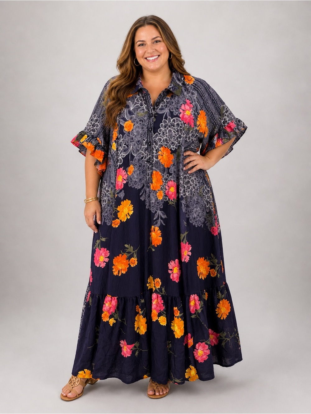 Anthropologie Navy Floral Maxi Dress with Pink & Orange Blooms